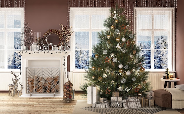 Modern huisinterieur met kerstversiering en nieuwe traanboom