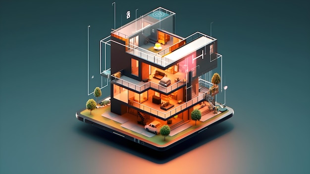 Modern huismodel op de technologie van het smartphoneapparaat 3d