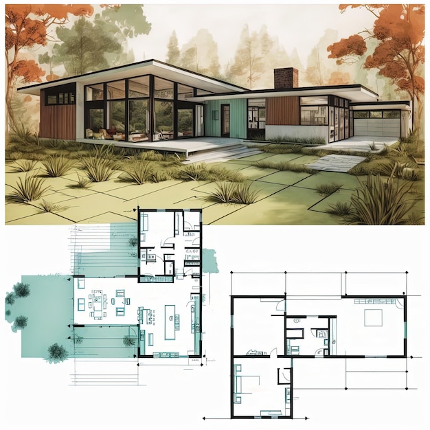 Modern huisplan uit het midden van de eeuw Residentiële villa exterieur en blauwdruk Generatieve AI