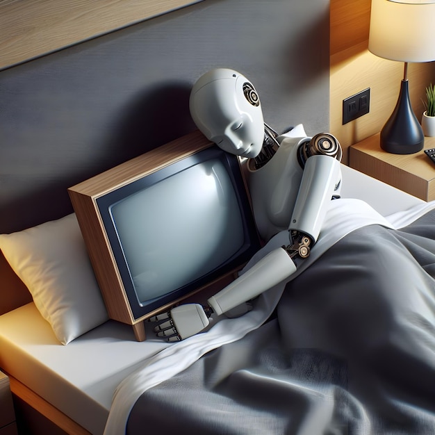 ホテルの部屋のベッドで眠っている近代的なヒューマノイドロボット