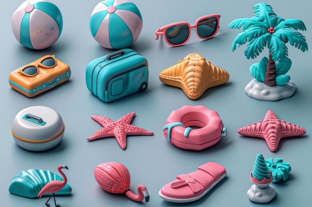 Modern icon set of summer 3d realistic renders with an inflatable ball an airplane sunglasses a starfish a suitcase flamingos palm trees and ice cream