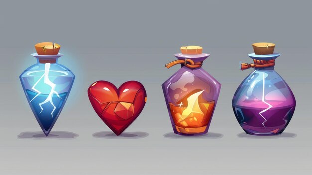 Photo modern icon set with heart lightning potion bottle and progress indicator for computer or mobile games