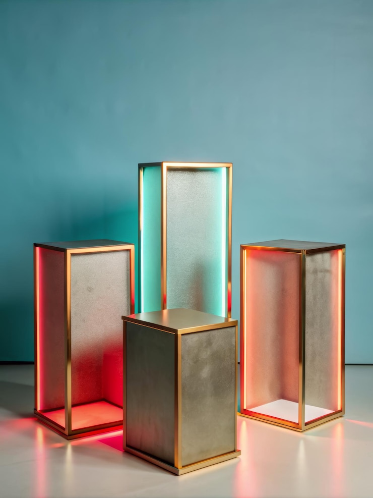Photo modern illuminated display podiums for product presentation in contemporary setting with vibrant lighting and sleek design