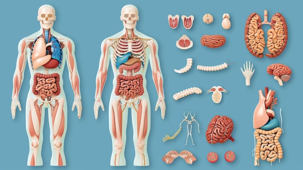 Photo modern illustration of the 12 main body organ systems in a front back view with flashcards