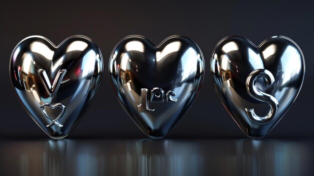 Modern illustration of 3d chrome hearts in y2k style Rendering of 3d silver hearts with glossy gradient effect and love text