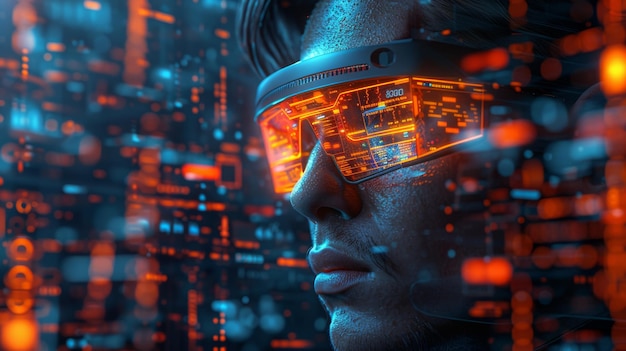 Photo modern illustration of an abstract holography with data and graphs wearing augmented reality glasses