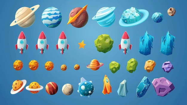 Foto illustrazione moderna di ufo alieni, pianeti, razzi e asteroidi isolati su sfondo blu immagine di elementi grafici di giochi per computer di fantasia
