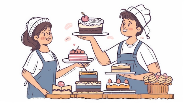 パン屋の従業員が手描きのスタイルでケーキを注文して提供する現代的なイラスト
