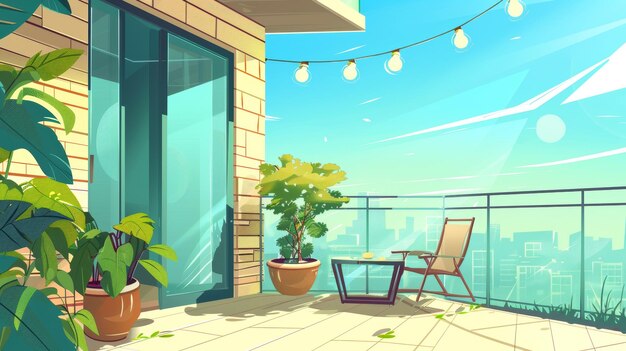 Photo modern illustration of an empty apartment balcony with a view of the city and green trees modern hotel or apartment terrace with furniture and light bulb garland brick wall and glass door