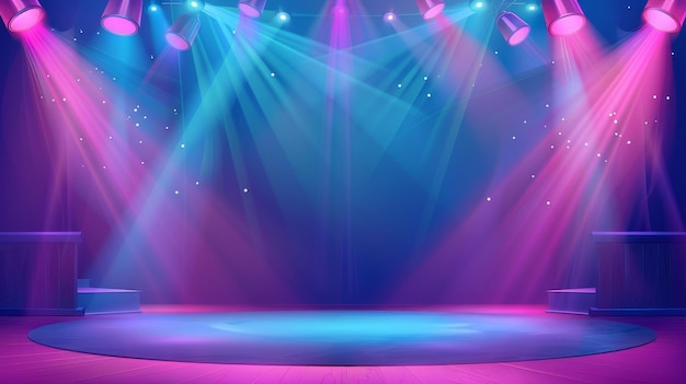 Modern illustration of an empty stage lit by blue and pink spotlights Illustration of a studio theater or club interior with color beams of light