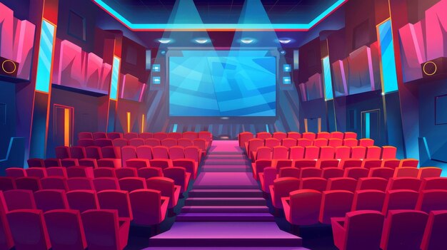 Photo modern illustration of an empty theater hall with rows of seats for the audience and a projector in the center