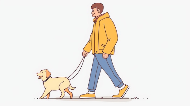 写真 犬を散歩させる男を描いた現代的なイラストこれは手描きのイラストです