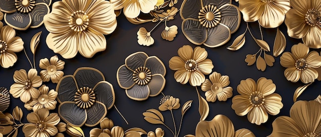 Modern illustration of a floral pattern with a gold flower background in a Japanese style