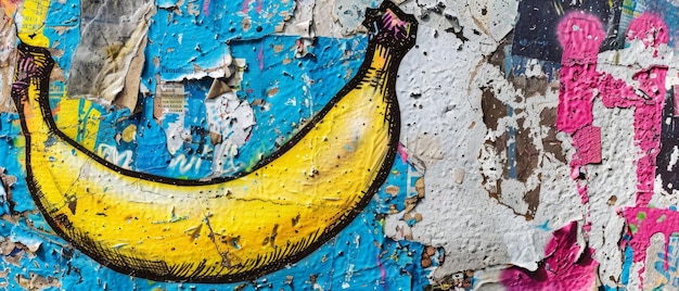 A modern illustration of a graffiti banana with leaks and pdops in an urban graffiti style The banana icon is hand drawn and textured with black contouring and yellow filling