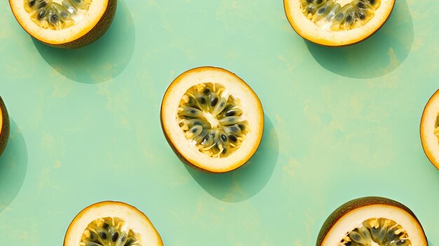 Foto illustrazione moderna di un frutto della passione fresco tagliato a metà su uno sfondo verde pastello vista dall'alto