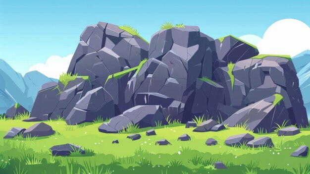 Modern illustration of a huge hill with green grass a boulder or rock gray stone landscape element a huge hill with green grass boulder or rock