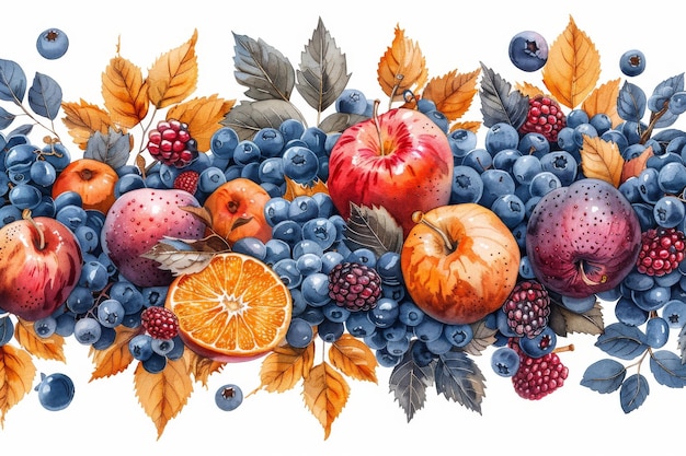 ホワイトに分離されたジューシーな果物とベリーの現代的なイラスト