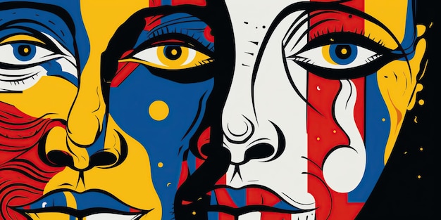 Modern illustration in linocut style Surreal colored faces with patches of yellow red white blue and black Stylish image for design