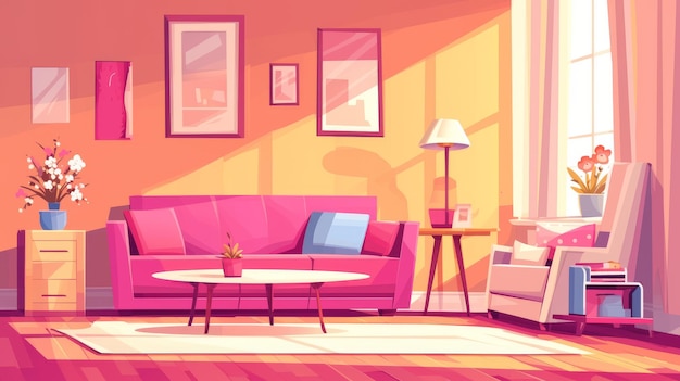 Фото Современная иллюстрация розовой мебели гостиной современный дом гостиная с диваном кресло лампа круглый стол скандинавская картина в вазе и цветок в вазе гостиная внутренний клипарт