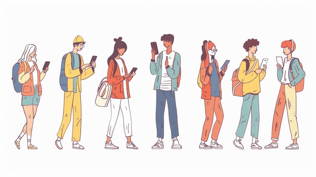 携帯電話を使用している人々の現代的なイラスト フラットデザインスタイルのミニマルな現代的イラスト