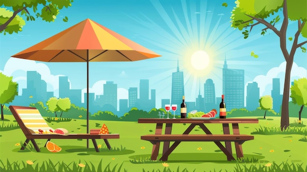 Modern illustration of a picnic in a park Tables and lounges under a parasol are shown wine and salad are served for dinner urban buildings are shown on the horizon and the sun is shining