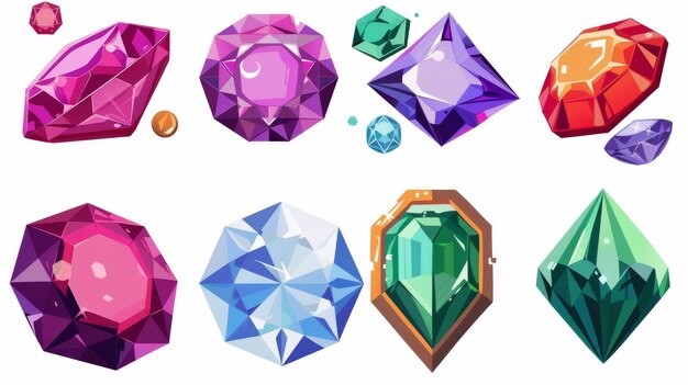 Modern illustration of precious gemstones rubies sapphires topaz amethysts and emeralds isolated on white background