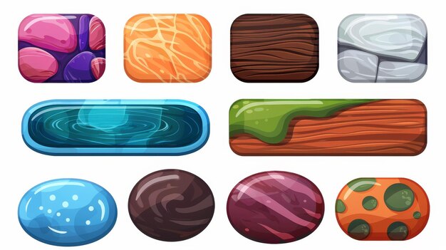 Photo modern illustration of rectangular and oval empty bars with colored ice stone wood germ glossy and chocolate textures game interface elements