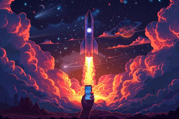 Modern illustration of a rocket launch in digital futuristic style Portrait of a hand holding a smartphone and a spaceship Modern illustration of a project launch