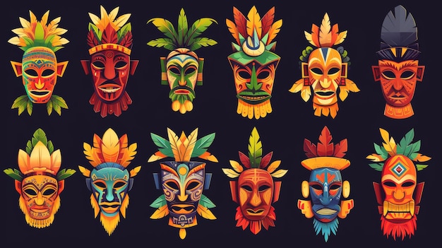 Modern illustration set of african or polynesian traditional wooden faces Ancient culture ritual element Cartoon tiki mask collection Hawaiian tribal totem head decorated with leaves and feathers