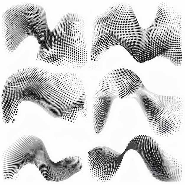 現代のイラストセットには,半色の点状の形状,半色グラディエントの波効果,そして半色グラデエントのスプレーテクスチャが含まれています. ポップアートの白い背景に隔離された点状のフィギュア