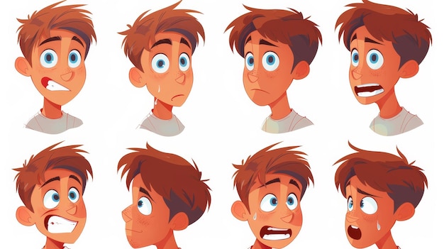 Foto set di illustrazioni moderne con emoji di giovani uomini che mostrano disprezzo, tristezza, pianto e volti sorpresi, un avatar maschile bello con diverse emozioni isolate su bianco.