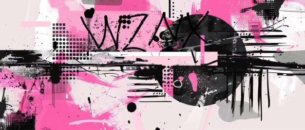 Photo modern illustration of sprayed urban graffiti with overspray in black over white with pink spot