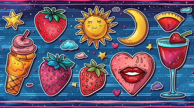 Modern illustration of sweet girl patches isolated on stripes Set of textile stickers pins with lips heart lollipop speech bubbles cocktail sun star strawberry ice cream