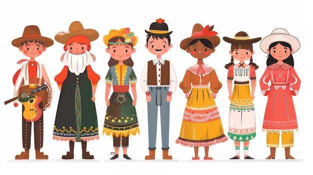 Modern illustration of traditional costumes worn by country people