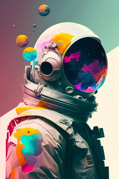 Modern Illustration with an astronaut in a spacesuit on a background of colored paint in pastel