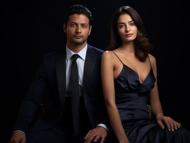Modern Indian couple in photoshoot showcasing denim elegance and sleek jumpsuit charm