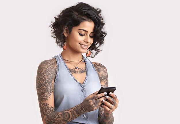 スマートフォンを使う現代のインド人女性