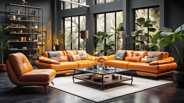 Modern indoor living room with comfortable orange color sofa