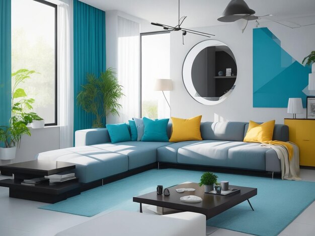 Modern indoor living room with comfortable sofa