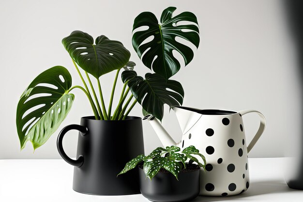 Modern indoor plants including Monstera delicasa variegata Thai Constellation and Philodendron hastata are shown in white pots with a black watering can against a white background for copy space