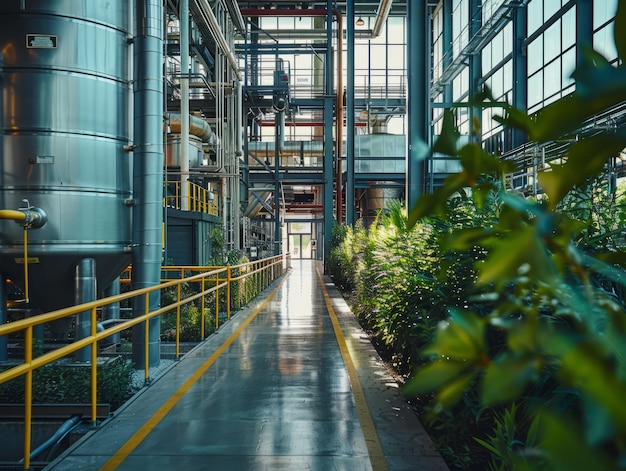 Modern industrial building interior with large metal vats and green plants