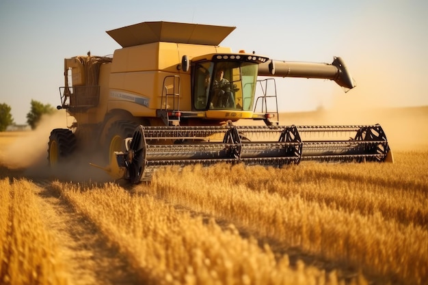 Modern industrial combine harvester working its way through vast wheat fields Generative AI