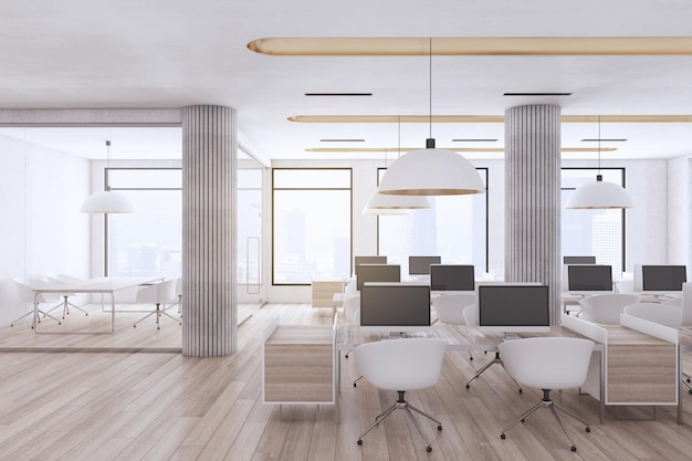 Modern industrial coworking loft office interior with furniture computer monitors wooden flooring and window with city view and daylight Workplace and no people concept 3D Rendering