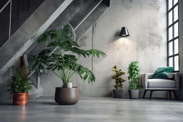 Modern industrial interior with unique houseplant and concrete flowerpot