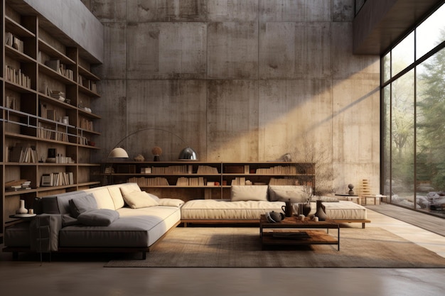 A modern industrial living room with a concrete wall backdrop and a sofa framed in a mockup Generative AI