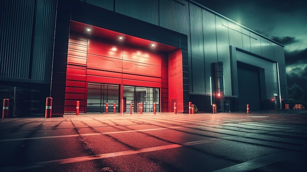 modern industrial unit with red roller doors