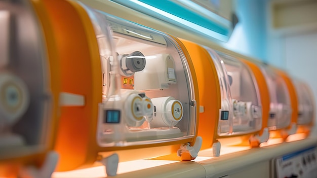 Modern infant incubators for neonates or premature babies in a hospital or clinic