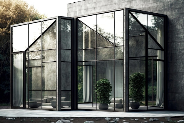 金属とガラスのジェネレーティブ ai で作られたアルミニウム製の窓を備えたモダンなインスタレーション