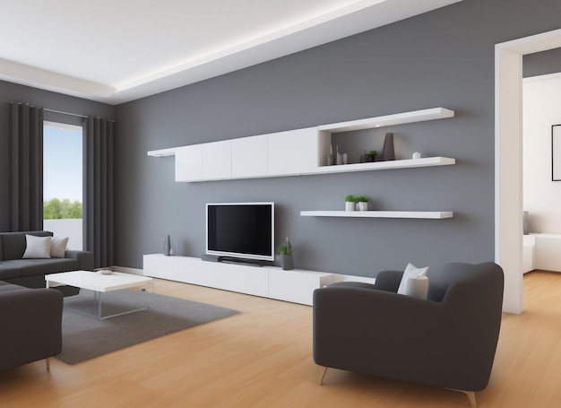 Modern interieur. 3D renderen. Huiskamer. Exclusief ontwerp.