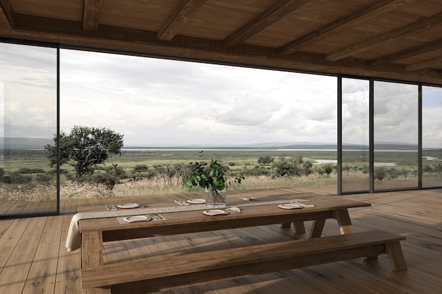 Modern interieur buitenterras eettafel en uitzicht op de natuur 3d render illustratie